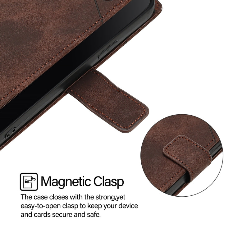 For iPhone 16 Skin-feel Embossed Leather Phone Case(Brown)