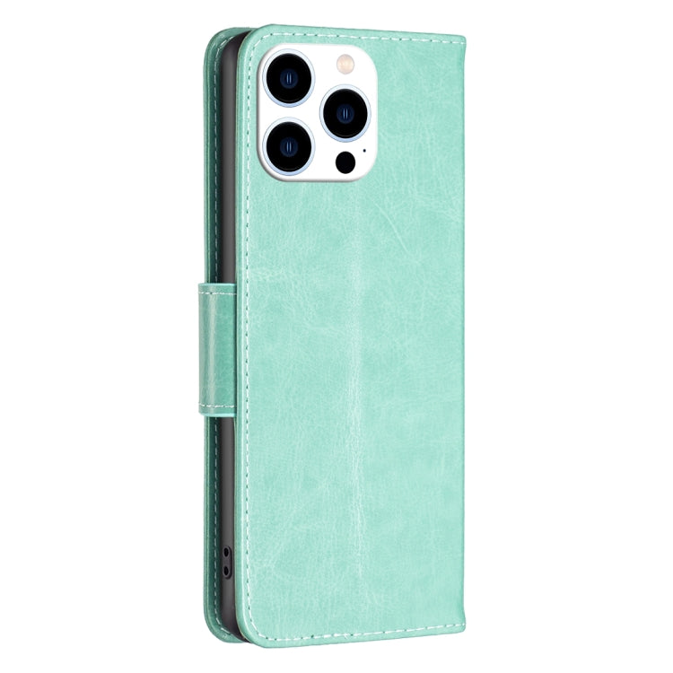 For iPhone 16 Pro Embossing Two Butterflies Pattern Leather Phone Case(Green)
