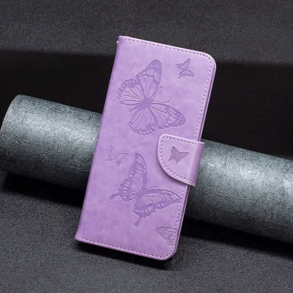 For iPhone 16 Pro Embossing Two Butterflies Pattern Leather Phone Case(Purple)