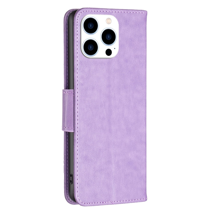 For iPhone 16 Pro Embossing Two Butterflies Pattern Leather Phone Case(Purple)