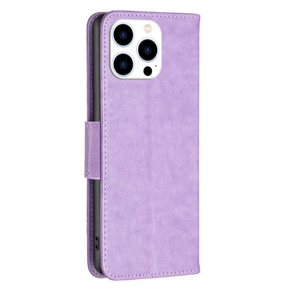 For iPhone 16 Pro Embossing Two Butterflies Pattern Leather Phone Case(Purple)