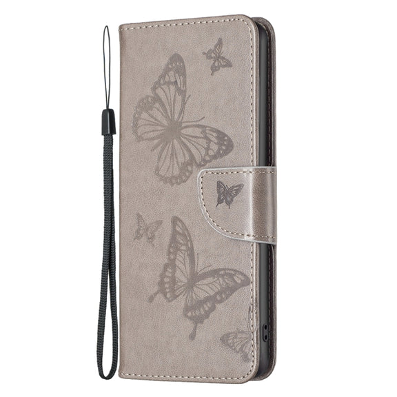For iPhone 16 Pro Embossing Two Butterflies Pattern Leather Phone Case(Grey)