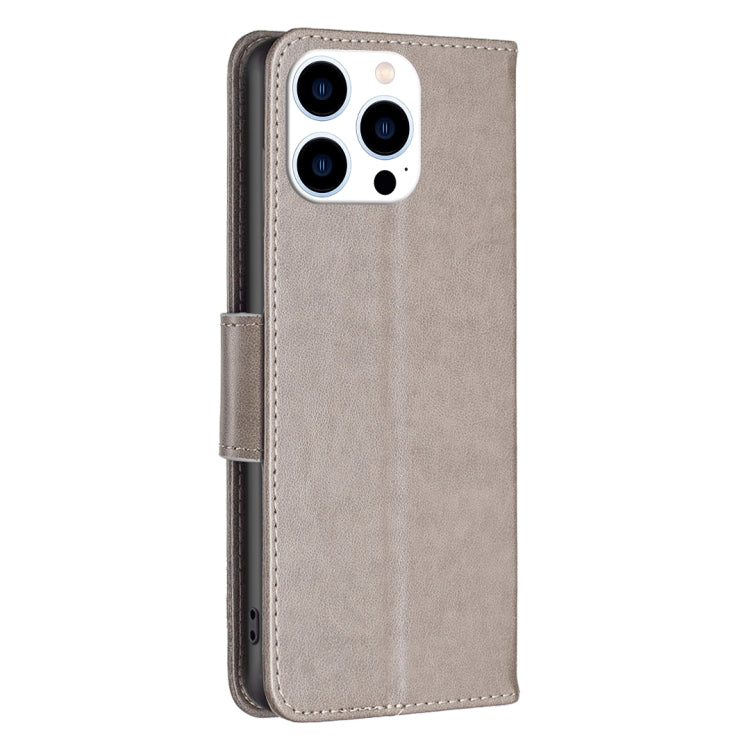 For iPhone 16 Pro Embossing Two Butterflies Pattern Leather Phone Case(Grey)