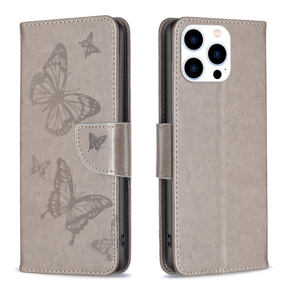 For iPhone 16 Pro Embossing Two Butterflies Pattern Leather Phone Case(Grey)