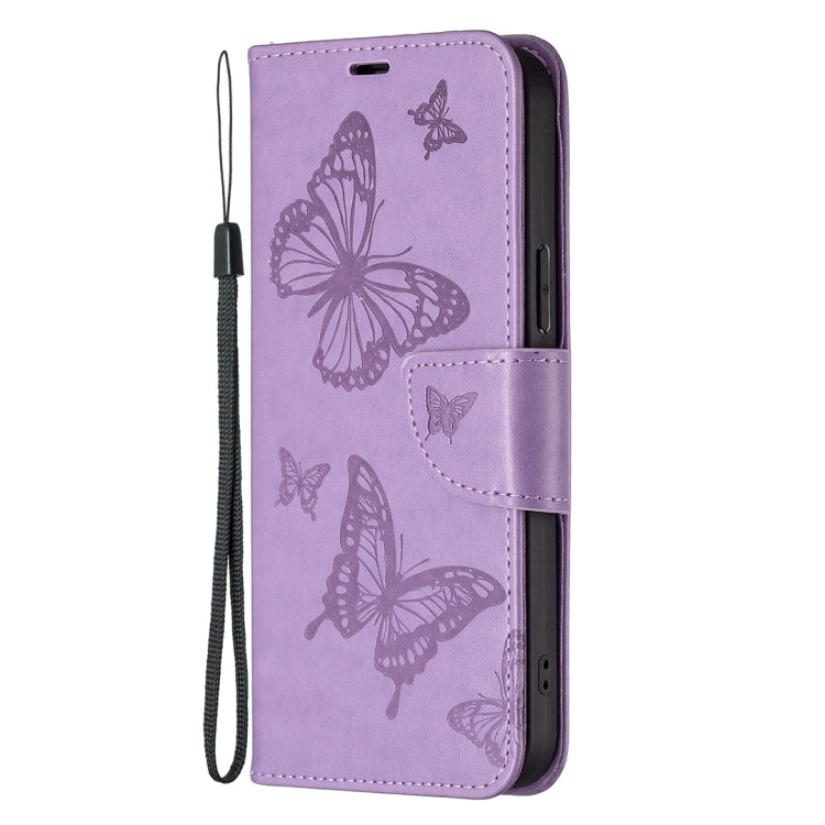 For iPhone 16 Embossing Two Butterflies Pattern Leather Phone Case(Purple)