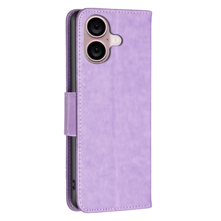 For iPhone 16 Embossing Two Butterflies Pattern Leather Phone Case(Purple)