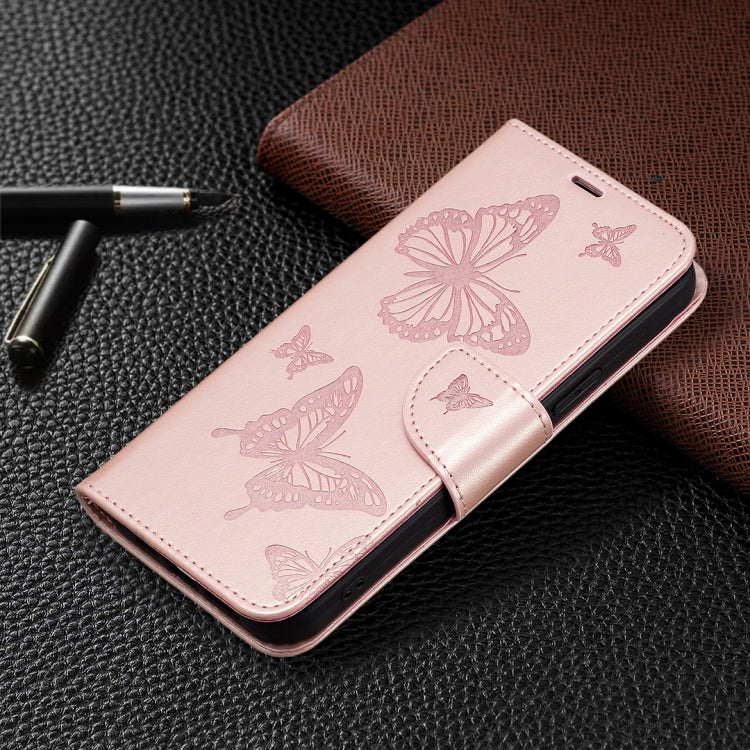 For iPhone 16 Embossing Two Butterflies Pattern Leather Phone Case(Rose Gold)