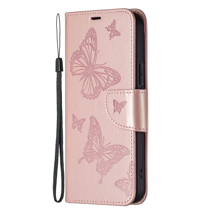 For iPhone 16 Embossing Two Butterflies Pattern Leather Phone Case(Rose Gold)