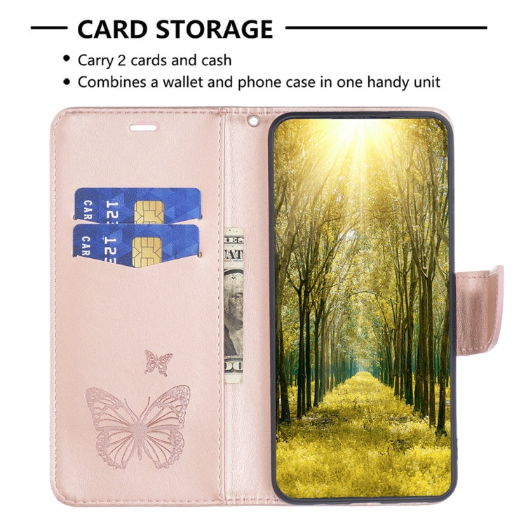 For iPhone 16 Embossing Two Butterflies Pattern Leather Phone Case(Rose Gold)