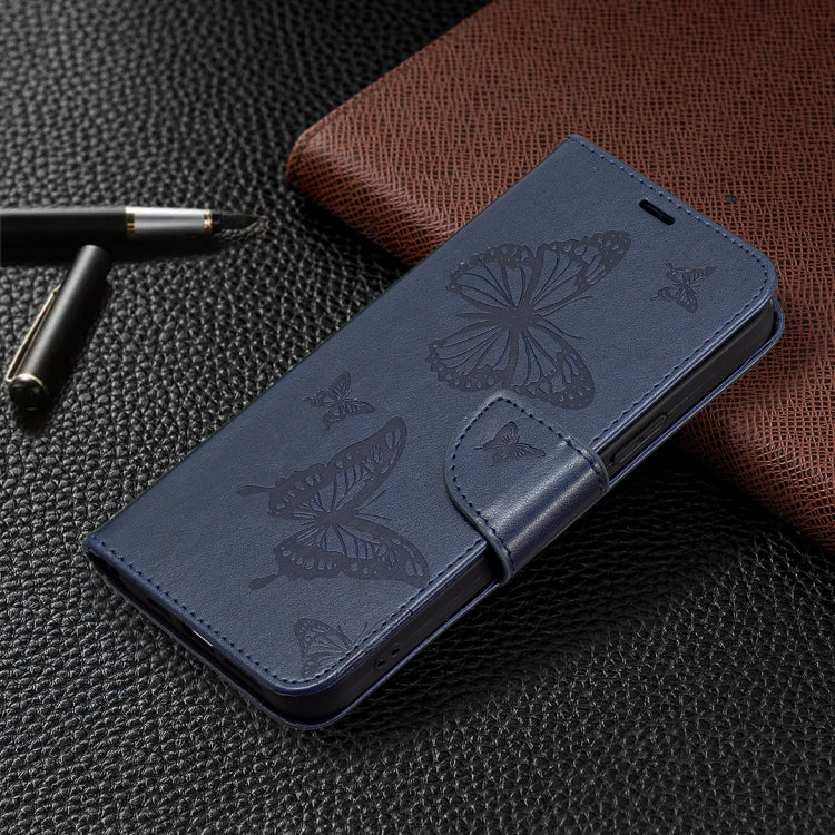 For iPhone 16 Embossing Two Butterflies Pattern Leather Phone Case(Blue)