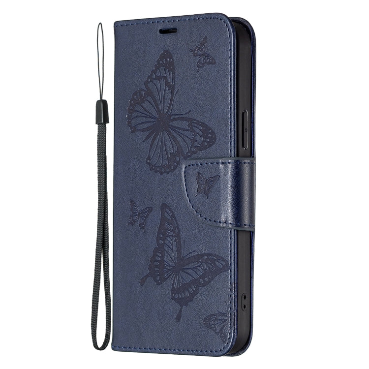 For iPhone 16 Embossing Two Butterflies Pattern Leather Phone Case(Blue)