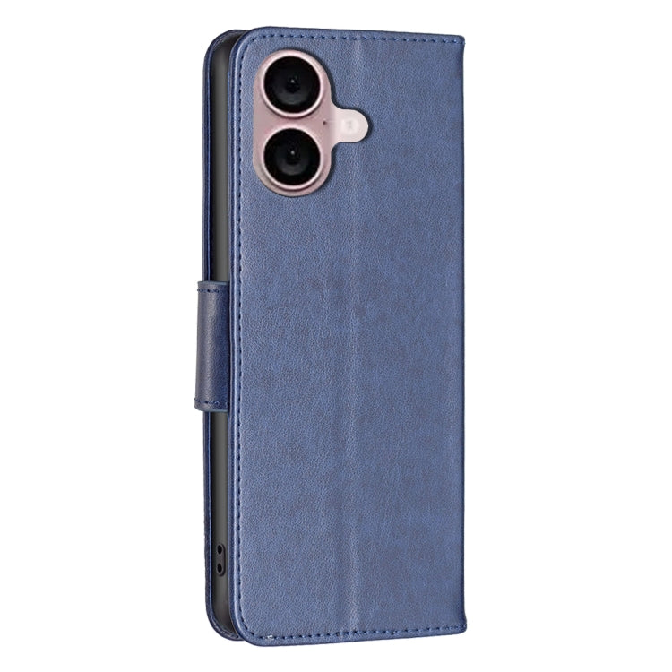For iPhone 16 Embossing Two Butterflies Pattern Leather Phone Case(Blue)