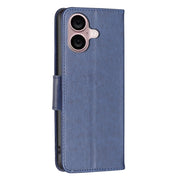For iPhone 16 Embossing Two Butterflies Pattern Leather Phone Case(Blue)