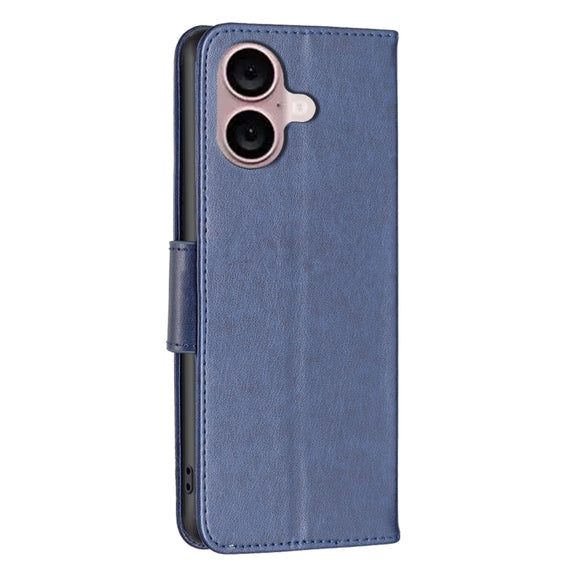 For iPhone 16 Embossing Two Butterflies Pattern Leather Phone Case(Blue)