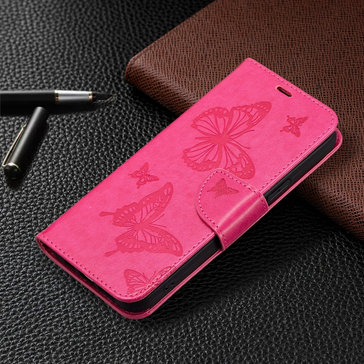 For iPhone 16 Embossing Two Butterflies Pattern Leather Phone Case(Rose Red)