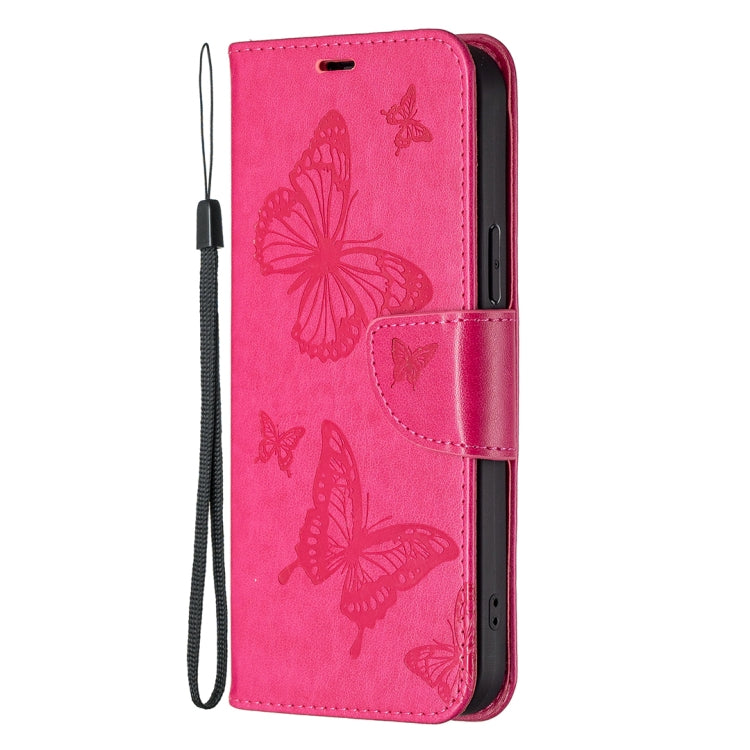 For iPhone 16 Embossing Two Butterflies Pattern Leather Phone Case(Rose Red)