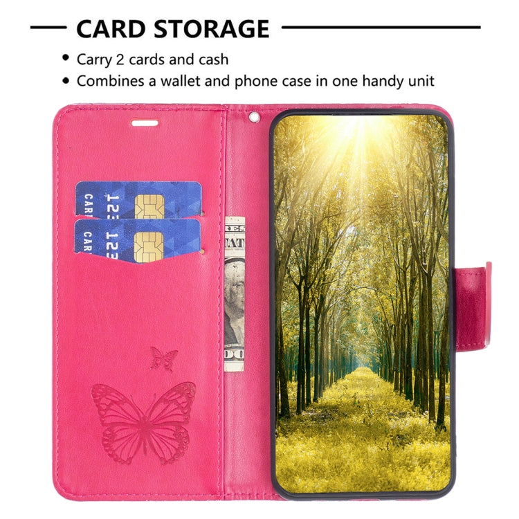 For iPhone 16 Embossing Two Butterflies Pattern Leather Phone Case(Rose Red)