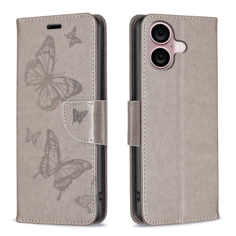 For iPhone 16 Embossing Two Butterflies Pattern Leather Phone Case(Grey)