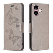 For iPhone 16 Embossing Two Butterflies Pattern Leather Phone Case(Grey)