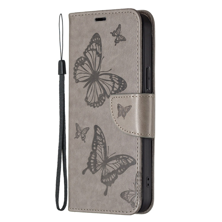 For iPhone 16 Embossing Two Butterflies Pattern Leather Phone Case(Grey)