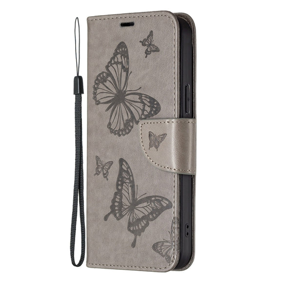For iPhone 16 Embossing Two Butterflies Pattern Leather Phone Case(Grey)
