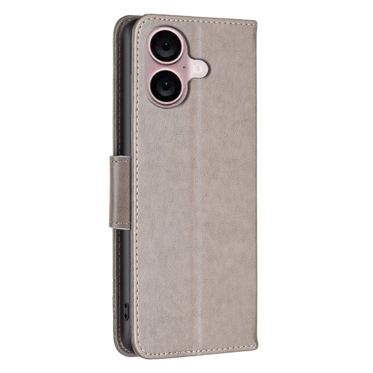For iPhone 16 Embossing Two Butterflies Pattern Leather Phone Case(Grey)