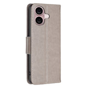 For iPhone 16 Embossing Two Butterflies Pattern Leather Phone Case(Grey)