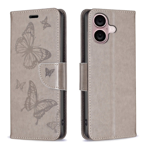 For iPhone 16 Embossing Two Butterflies Pattern Leather Phone Case(Grey)