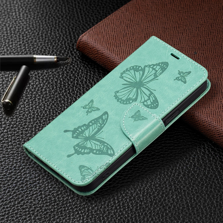For iPhone 16 Plus Embossing Two Butterflies Pattern Leather Phone Case(Green)