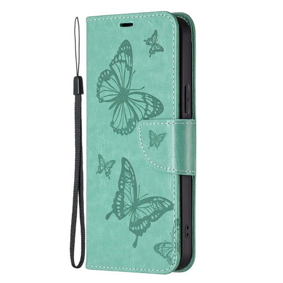 For iPhone 16 Plus Embossing Two Butterflies Pattern Leather Phone Case(Green)