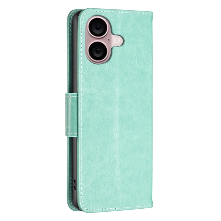 For iPhone 16 Plus Embossing Two Butterflies Pattern Leather Phone Case(Green)