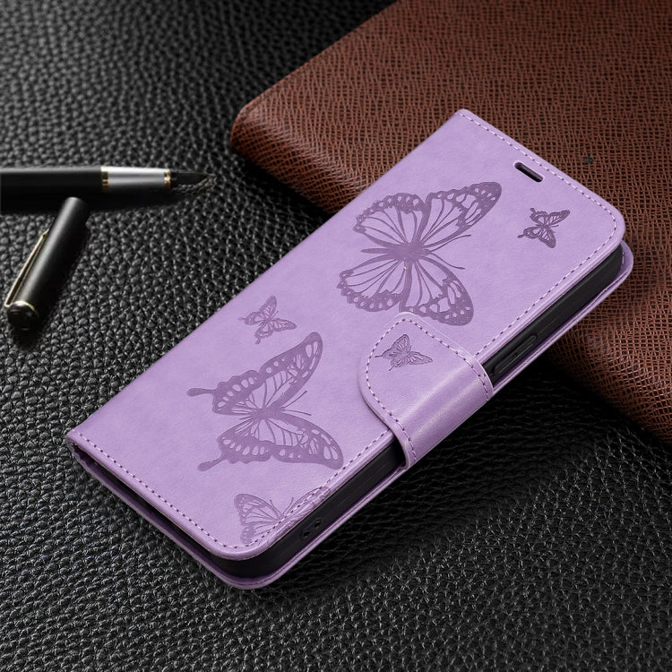 For iPhone 16 Plus Embossing Two Butterflies Pattern Leather Phone Case(Purple)