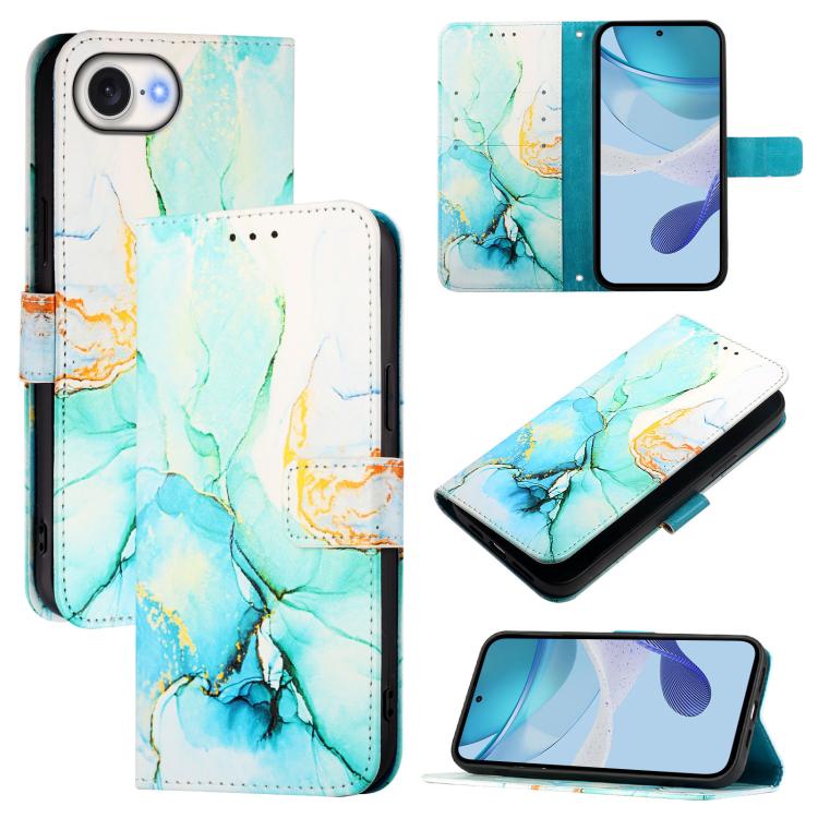 For iPhone 16e PT003 Marble Pattern Flip Leather Phone Case(Green)