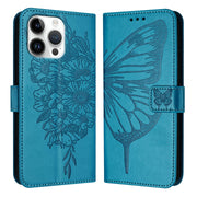 For iPhone 16 Pro Max Embossed Butterfly Leather Phone Case(Blue)