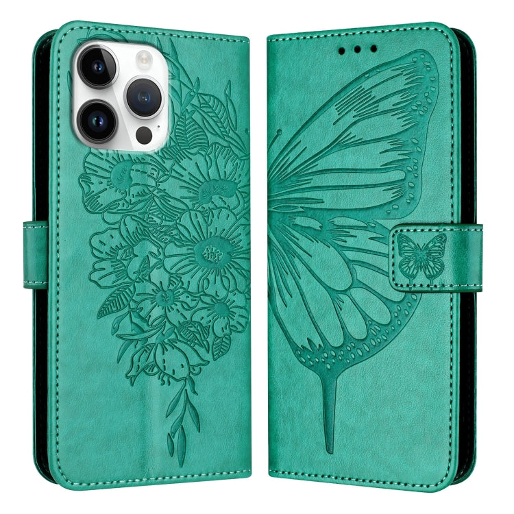 For iPhone 16 Pro Max Embossed Butterfly Leather Phone Case(Green)