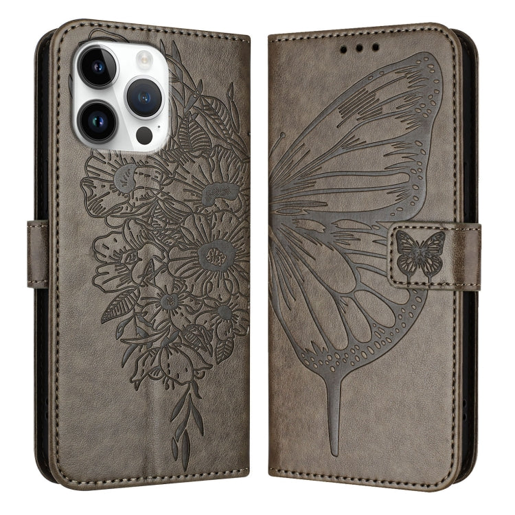 For iPhone 16 Pro Max Embossed Butterfly Leather Phone Case(Grey)