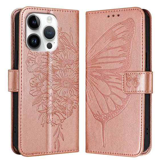 For iPhone 16 Pro Embossed Butterfly Leather Phone Case(Rose Gold)