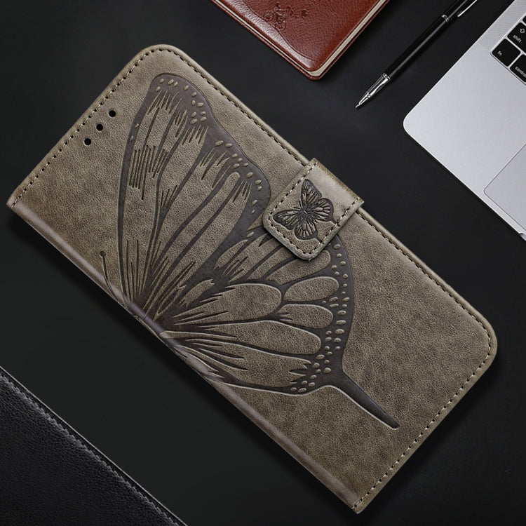 For iPhone 16 Pro Embossed Butterfly Leather Phone Case(Grey)