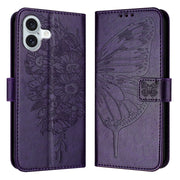 For iPhone 16 Plus Embossed Butterfly Leather Phone Case(Dark Purple)