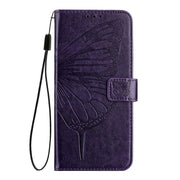 For iPhone 16 Plus Embossed Butterfly Leather Phone Case(Dark Purple)