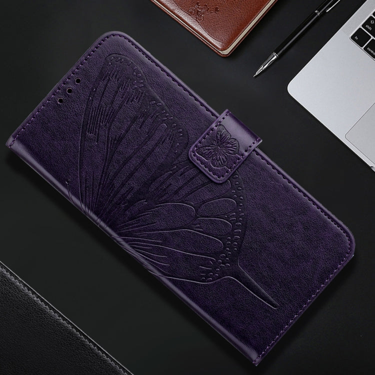 For iPhone 16 Plus Embossed Butterfly Leather Phone Case(Dark Purple)