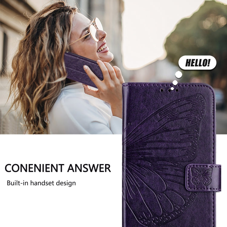 For iPhone 16 Plus Embossed Butterfly Leather Phone Case(Dark Purple)