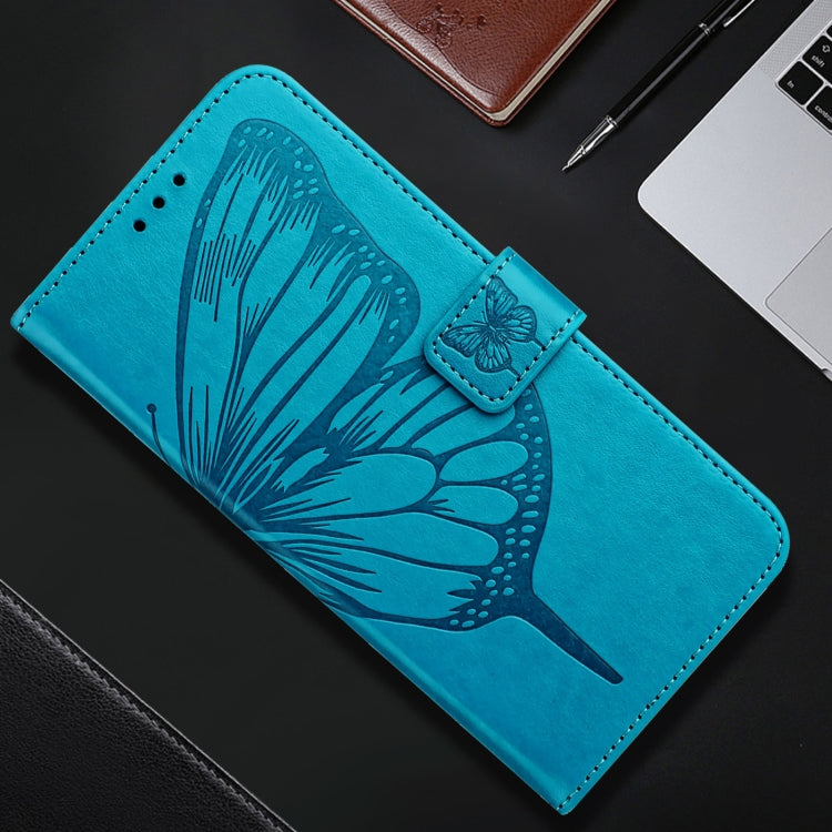 For iPhone 16 Plus Embossed Butterfly Leather Phone Case(Blue)