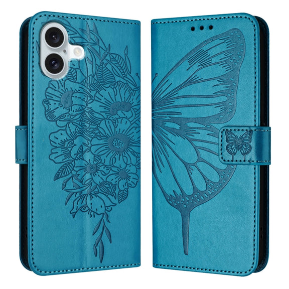 For iPhone 16 Plus Embossed Butterfly Leather Phone Case(Blue)