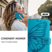 For iPhone 16 Plus Embossed Butterfly Leather Phone Case(Blue)
