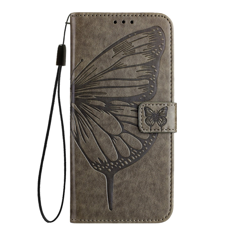 For iPhone 16 Plus Embossed Butterfly Leather Phone Case(Grey)