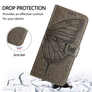 For iPhone 16 Plus Embossed Butterfly Leather Phone Case(Grey)