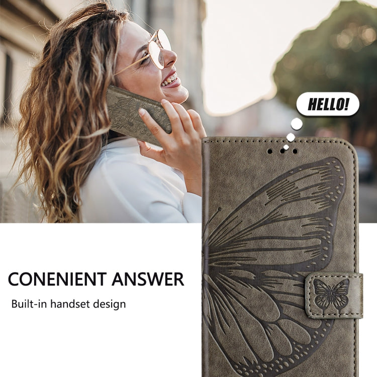 For iPhone 16 Plus Embossed Butterfly Leather Phone Case(Grey)
