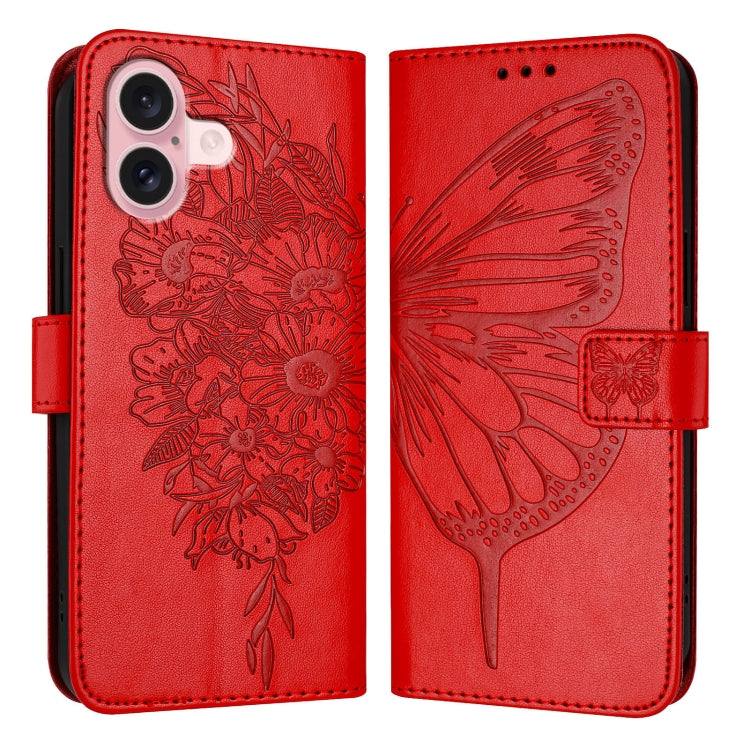 For iPhone 16 Embossed Butterfly Leather Phone Case(Red)