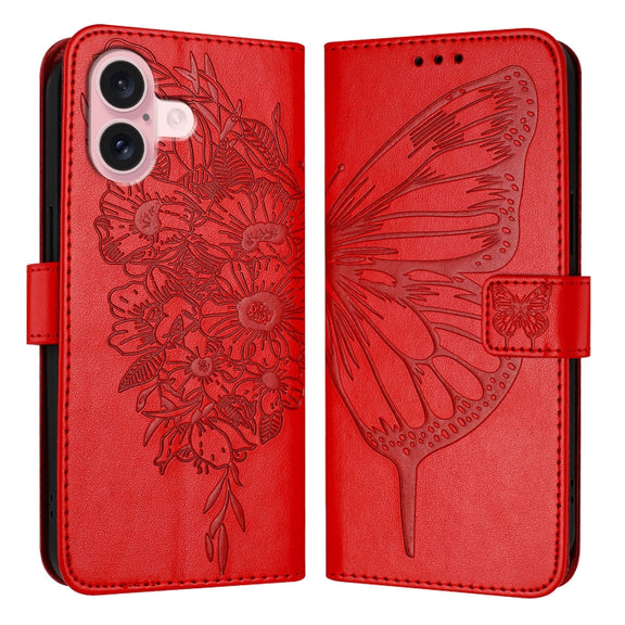 For iPhone 16 Embossed Butterfly Leather Phone Case(Red)